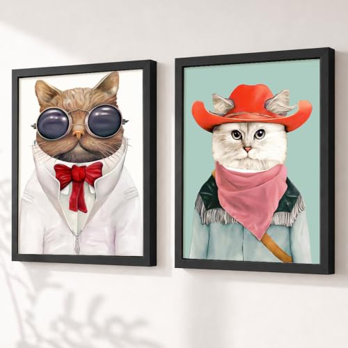 Image of PAINTINGMANTRA Cat & Dog Cartoon Wall Art Painting for Kids Room, Animal Framed Painting for Living Room, Playroom, kids room decoration items, Set of 2, 9x13 Inch