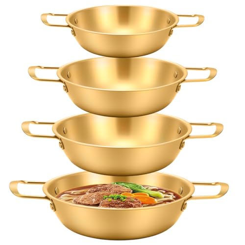 4-Piece Korean Ramen Pot for Stove, Stainless Steel Korean Noodle Pot with Handles, Golden Soup Pots & Cooking Pots for Home & Outdoor Use (Inner Diameter 7.7', 8.5', 9', 10')