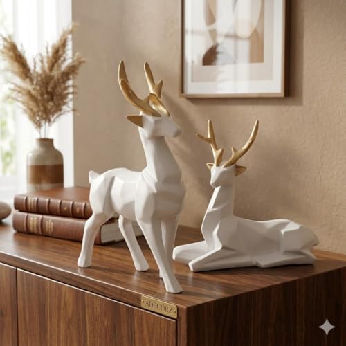 Image of Geometric Resin Deer Sculpture Set of 2, White with Gold Antlers, Resin, 12.3 x 6.5 cm, Home Decor Figurines | Standing & Sitting Deer Pair | Creative Showpiece for Gift | Handcrafted