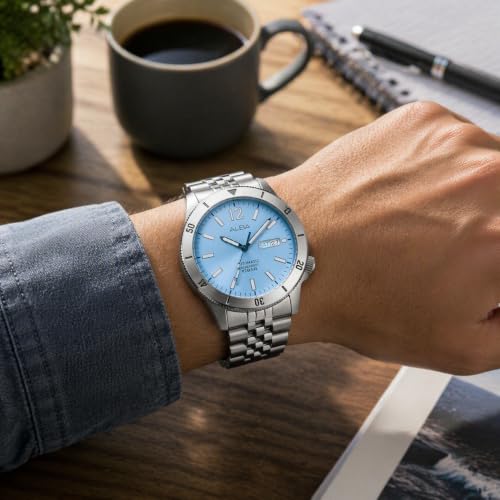 Image of ALBA AL4653X1 Automatic Analog Watch for Men | Olympic Ice Blue Dial | Japanese Y676 Automatic Movement | 44 mm Stainless Steel Bracelet | Two-Way Rotating Bezel | Day & Date Display | See-Through Case Back | Mineral Crystal | 10 BAR Water Resistant