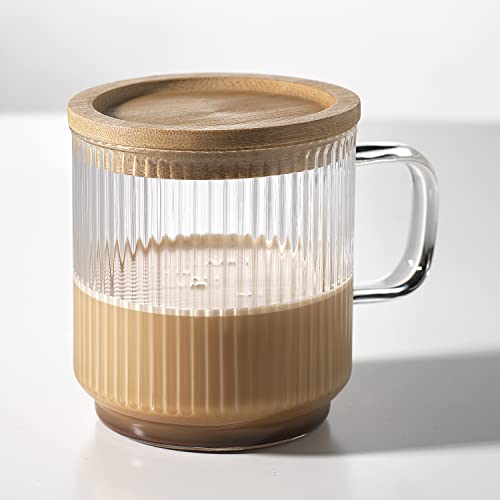 Glaver's Borosillcate Glass Coffee Mug With Lid. Set Of 2, 12 Oz Ribbed Tea Cup With Bamboo Lid And Or Coaster 2In1. For Espresso, Mocha, Cappuccino. #TOP1