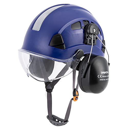 UNINOVA Hard Hat Ear Protection and Visor ANSI Z89.1 Vented ABS Forestry Arborist Tree Climbing Construction Helmet Ear Protection(S91 Blue+Clear+Earmuff)