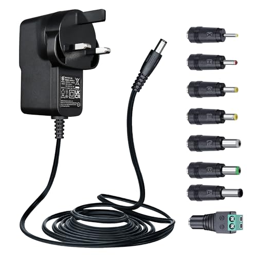 ANLINK 9V 1.5A/1500mA 1.8M Long Power Supply Adapter, AC 100-240V to DC 9V 1.5A Switching Adapter Wall Plug with 8 Tips for Arduino UNO MEGA,Elliptical Machine and More 9Volt Devices,UKCA Certified