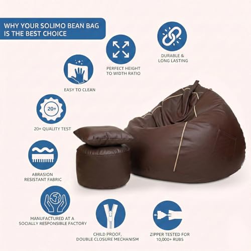 Image of Amazon Brand - Solimo 6XL Faux Leather Bean Bag with Footstool & Cushion Combo for Living Room | Bean Bag Filled with Beans | Capacity Upto 6'9 inch Height & 135 Kg Weight | (Brown with Beige Piping)
