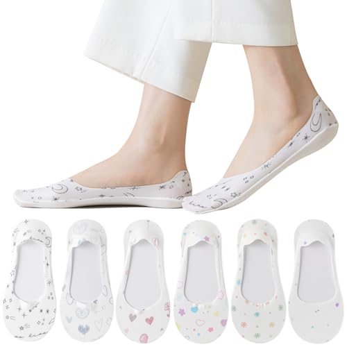 Caudblor 6 Pares de Calcetines Sneaker para Mujer - Calcetines Invisibles con Silicona Antideslizante y Bonito Diseño de Pintura Floral, Talla 36-39