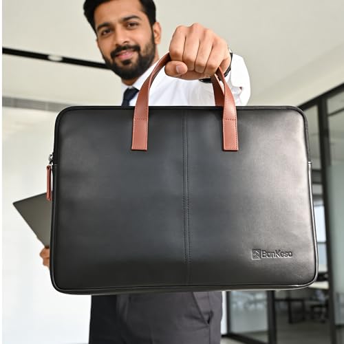 Image of BonKaso Slimline Laptop Sleeve for 14 Inch Laptop | PVC Foam Leather Water Resistant Padded Laptop Cover | Slim Lightweight Laptop Sleeve for Office Travel Men Women - Black