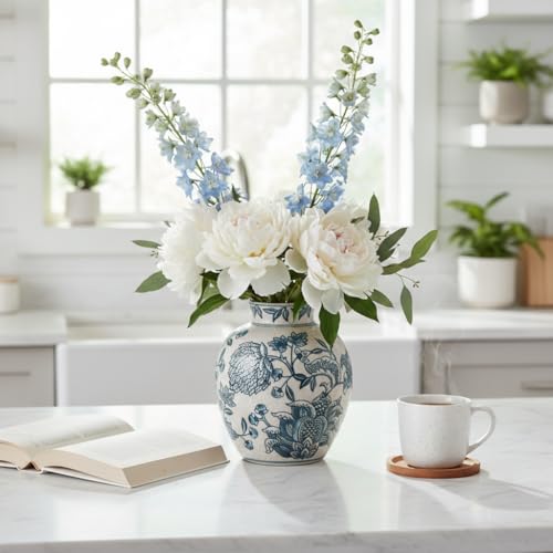 SIDUCAL Ceramic Chinoiserie Floral Vase | 6.3 Inch Blue and White Vintage | Retro Ice Cracked Blue and White Porcelain Vase for Table, Living Room, Bathroom Decoration, Shelf Decor, Mantel by SIDUCAL - Used condition - Image 5