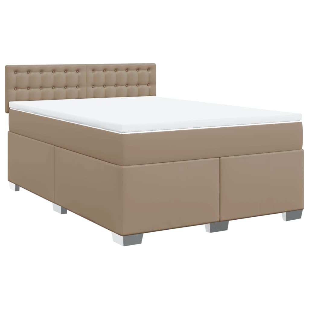 Skóra syntetyczna kieszeniowy materac sprężynowy 160x200 cm brąz | Łóżko kontynentalne z materacem kieszeniowym, topperem, cappuccino 160x200, solidna rama z zagłówkiem, luksusowa skóra