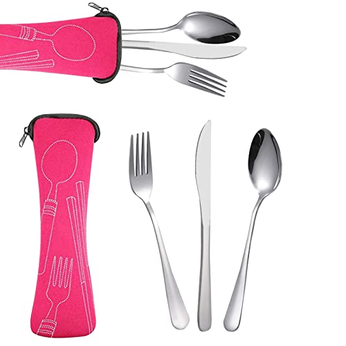 Picnic Cubiertos Trabajo, Cubiertos De Camping De Acero Inoxidable, Cubiertos Camping Set Con Bolsa Ideal Para Viajes Y Camping(rosa Roja) Cover