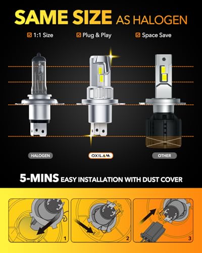 Image of OXILAM H4 9003 LED Bulbs, 700% Brighter, 32000LM Brighter Ultra-Bright, 1:1 Halogen Size, Plug N Play, Error Free No Flicker, No Adapter Required, Non-polarity, Pack of 2