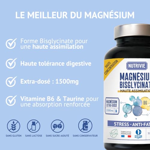 Nutrivie Magnésium Bisglycinate 1500mg + Vitamine B6, 2mois, Anti-Stress et Anti-Fatigue, 240 Gélules – vue 3