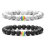 JOVIVI 2pcs LGBT Relationship Bracelets Rainbow Pride Long Distance White Howlite/Black Lava Rock Beads Oil Diffuser Bracelet for Men Women