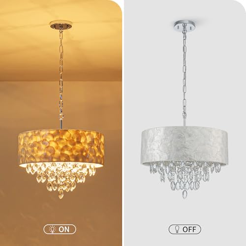 Pine Flicker 4-Light Drum Capiz Shell K9 Crystal Chandelier, Coastal Style Pendant Light Fixture for Dining Room, Living Room, D17.7 x H21~68 inch (Adjustable), Clear Crystal & Chrome Finish by Pine Flicker - Image 5
