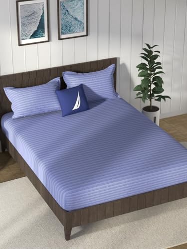 Image of NAUTICA Cotton King Bedsheet with 2 Pillow Covers -3pc Set (noridge) | 160TC | Super Soft Touch Stripe-Blue