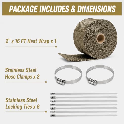 Image of 2 inch x 16 Ft Titanium Exhaust Heat Wrap Kit for Motorcycle Car - Fiberglass Header Wrap Heat Shield Tape with 6 Stainless Steel Ties & 2 Adjustable Clamps - Reduces Under-Hood Heat (50mm x 5m)