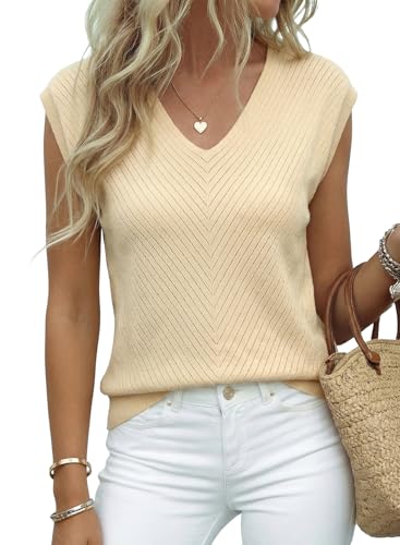 Image of Dokotoo Sweaters for Women 2026 Summer Eyelet Cap Sleeve Knitted Vest V Neck Business Casual Loose Pullover Tank Tops