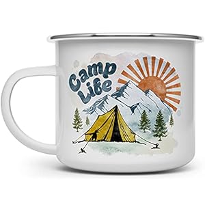 Camp Life Enamel Campfire Mug, Outdoor Camping Coffee Cup, Mountain Nature Hiking Lover Gift (16oz)