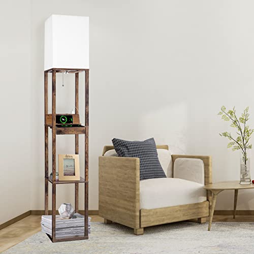 【Upgraded】Floor Lamp With Shelves,Shelf Floor Lamps For Living Room With Wireless Charger, Floor Lamps For Bedroom With Usb A+C Charging Ports And 2 Ac Outlet, Brown Wood Lamp For Living Room, Bedroom #TOP6