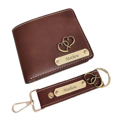 Memory of Moments Men's Personalized Wallet I Customized Slim Stylish Leather Purse with Name & Charm I - (Brown) (Wallet Keychain Combo)