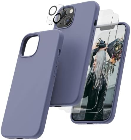 OIIAEE [5-in-1] for iPhone 13 Case 6.1",Liquid Silicone case with 2 Pack Screen Protector & 2 Pack Camera Protector, Ultra Slim Shockproof Soft Anti-Scratch Microfiber LiningBlack