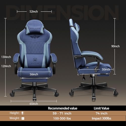 Image of GTPLAYER Gaming Chair with Footrest, Big and Tall Game Chair High Back Computer Office Chair with Lumbar Support for Adults, Ergonomic Swivel Games Chair with Cushion Gaming, Fabric Blue