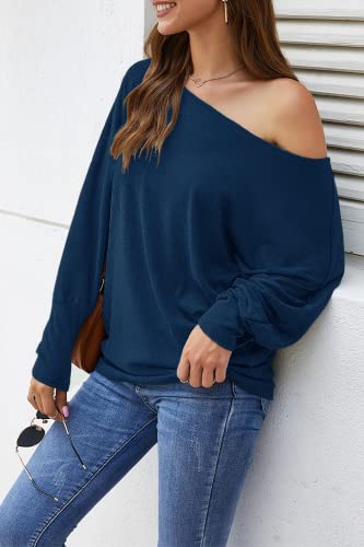 Image of Aifer Women's Off The Shoulder Tops Sexy Long Sleeve Shirts Oversized Fashion Casual Batwing Sweaters Pullover Tunic Tops
