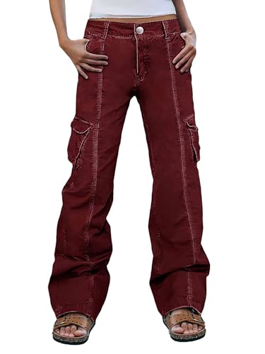 Flamingals Women Solid Flap Pocket Mid Rise Straight Leg Cargo Pants Vintage Stretch Cotton All Season Long Pants
