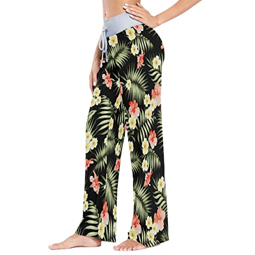 Vbadag Women's Pajama Pants Hawaiian Flowers And Palms Comfy Casual Stretch Palazzo Lounge Pants, Novelty Print Drawstring Wide Leg Pants For All Seasons, M #TOP1