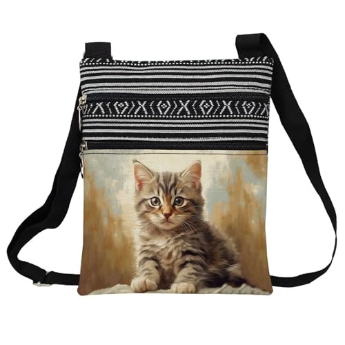 Adorable Little Cat Messenger Bag Small Ethnic Pattern Printed Adjustable Strap Crossbody Zipper Bag Adorable Little Cat Phone Bag Wallet Cute Shoulder Handbag for Women