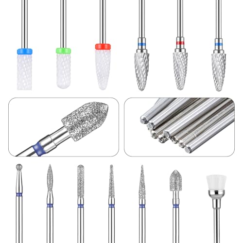 Nagelfräser Aufsätze, 13-teiliges Nagelbohrer-Set, 3/32 Zoll Nagel-Bits für Nagelbohrer, 3Stück Wolframkarbid-Bohrer, 3Stück Keramik-Efile-Nagelbohrer, 6 Stück Diamantbohrer, 1 Stück Bürste