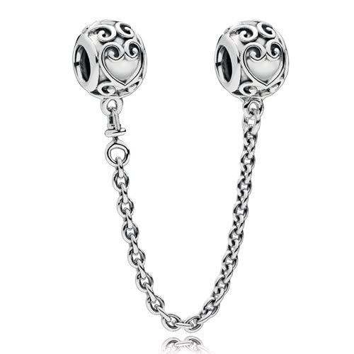 CWOne Designs Sterling Silver Safety Chain Charm Ideal for Pandora Bracelets and Necklaces Charm for Mum Daughter Wife Sister Niece Birthday and Love Gift for Women (Enchanted Hearts)