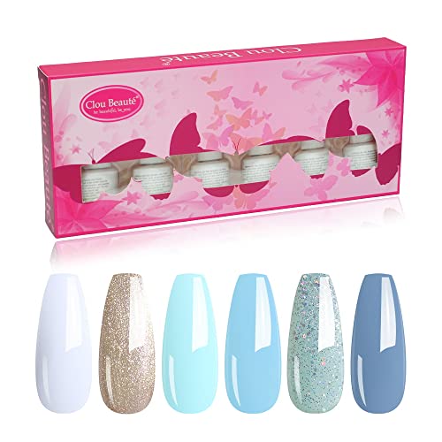 Clou Beaute 8ml Gel Nail Polish Set Beach Wedding Collection Soak Off UV LED Nail Gel Polish Art Varnish Gift Box Set Pack of 6 Colors Gel Polish Set White Blue Glitter S021â€¦
