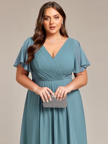 Image of Ever-Pretty Plus Summer Short Sleeves V-Neck Formal Wedding Guest Dresses for Curvy Women Chiffon Midi Cocktail Party Dress