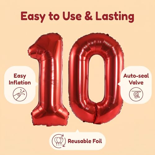 Image of Number 10 Balloon Foil Mylar Balloons for Birthday Party Decoration (Red, 32 Inch)