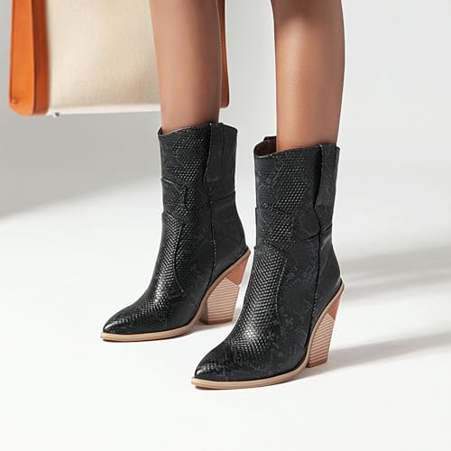 Bellirala Women's Snake Skin Wedge Ankle Booties Stacked Chunky High Heels Western Cowboy Boots Snakeskin Print Cowgirl Boot3