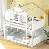 Giantex Bunk Bed Twin Over Twin, Wood House Bed for Kids with Roof, Window Door, Storage Box, Safety Guardrails, Wood Slats & Ladder, Floor Bunk Bed for Junior Boys Girls, No Box Spring Needed, White