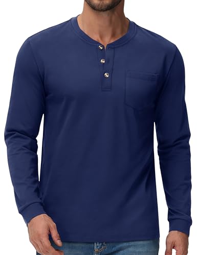 Cotrasen Mens Henley Long Sleeve Shirts Cotton Pocket Button T Shirts Casual Lightweight Plain Tops Fall Basic Tee
