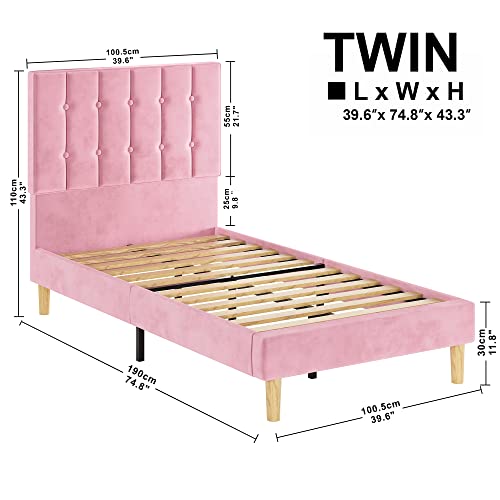 Likimio Twin Bed Frames, Velvet Upholstered Platform Bed Frame With Headboard And Strong Wooden Slats, No Box Spring Needed/Noise-Free/Easy Assembly, Pink #TOP1