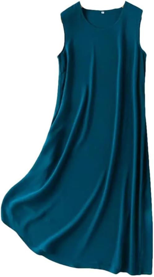 Women Slips Dress Silk Solid Colors Summer Sleeveless A-Line Tank Top Dress Sleepwear