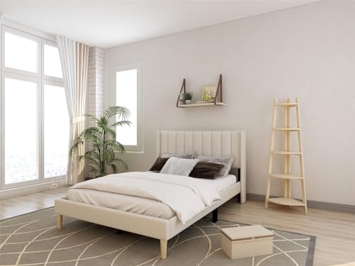 TSLINN Low Profile Upholstered Platform Bed,Queen Beds with Beige(Linen)