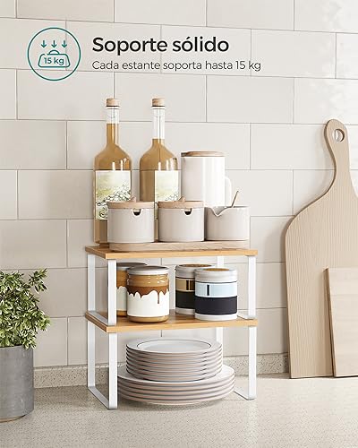 Miniatura 4 de Songmics Estante Para Especias, Juego De 2, Organizador De Armario, Estante De Almacenamiento De Cocina Extensible, Especiero De Metal Y Madera De Ingeniería, Blanco Y Natural Kcs02nw