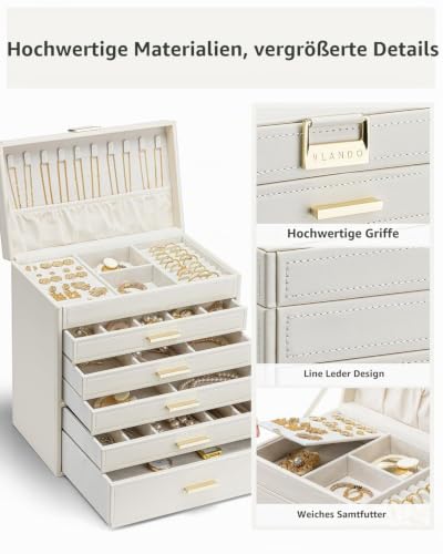 Vlando Große Schmuckschatulle, 6 Schichten, Schmuck-Organizer, Organizer für Schublade, Halskette, Ring und Uhr, Geburtstagsgeschenk für geliebte Menschen, Beige