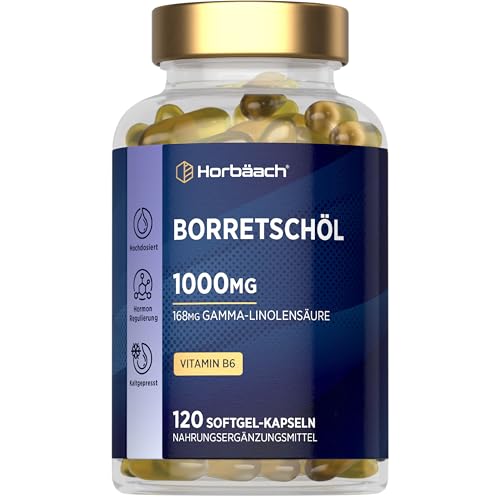 Borretschöl Kapseln 1000mg pro Softgel mit Vitamin B6 | 4 Monate Vorratt - 120 Stück | 168mg GLA | Hochdosiert | Starflower Oil | von Horbaach