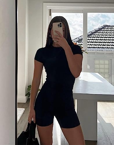 ZFLM Casual Workout Two Piece Outfits for Women Fitted Crew Neck T-shirt High Waist Pants Matching Sets Streetwear