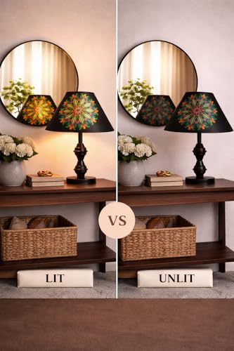 Image of tu casa Modern Table Lamp with Crimson Floral Satin Shade | Metal Iron Base Decorative lamp for Living Room| Study & Home Decor, Designer Table Lamp for Gifting (Radiant Mandala Bloom)