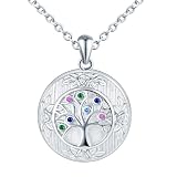 CONILOK Kette mit Foto Anhänger fur Damen Silber 925 Lebensbaum Rose Halskette mit Bunt Zirkonia Personalisierte Rund Medaillon Öffnen für Bilder