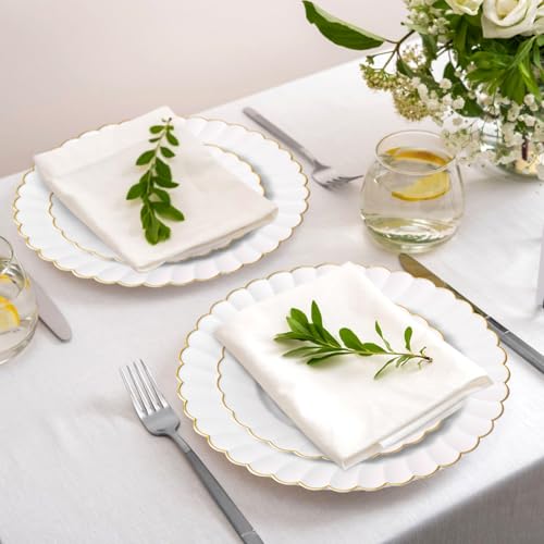 60 PC Disposable Scalloped White&Gold Plastic Dinner Plates, 10.25\" & 7.5\" Gold Rim Plates for Party, Baby Shower
