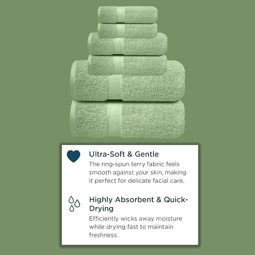 Image of Sulfar 100% Combed Cotton, 6 Pcs Towel Set - 2 Bath Towels (70 x 140 cm), 2 Hand Towels (40 x 70 cm) and 2 Face (30 x 30 cm) (600 GSM, Pack of 6) Nature Green
