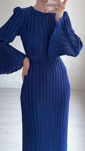 Image of Pluto & Fox Women's Crew Neck Plisse Maxi Dress Long Sleevele Flared Cuffs Belted Pleated Party Cocktail Wedding Guest Dress