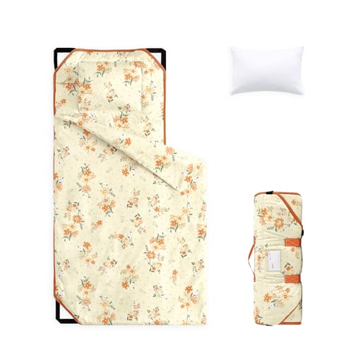 Image of Wake In Cloud - Cot Nap Mat with Pillow and Blanket, 100% Cotton Fabric, for Toddler Kids Girls Ages 3 Plus in Daycare Kindergarten Preschool with Elastic Corner Straps, Floral Flowers